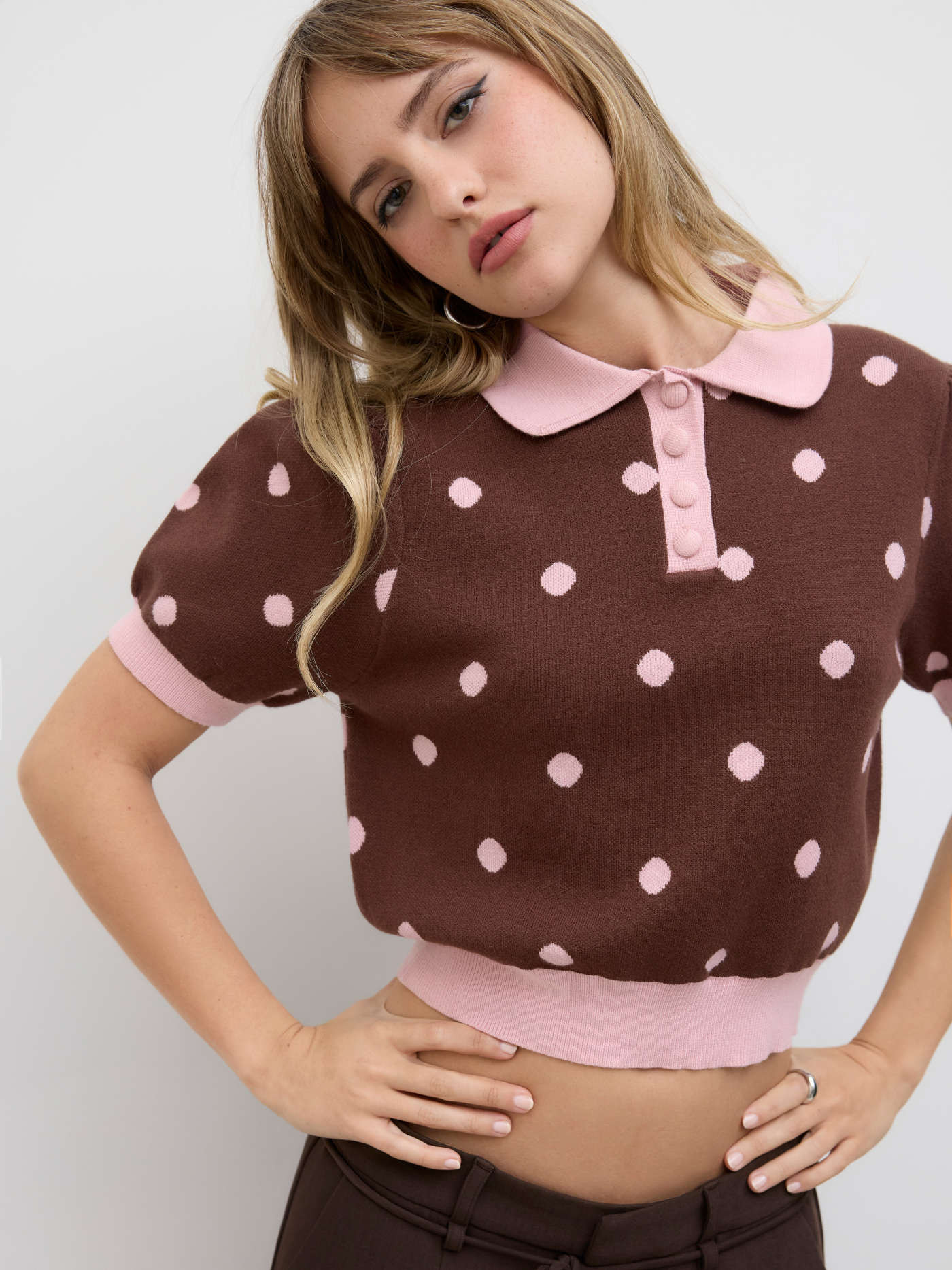 Knit Fabric Knit Peter Pan Collar Polka Dot Puff Sleeve Top For School Daily Casual | Cider