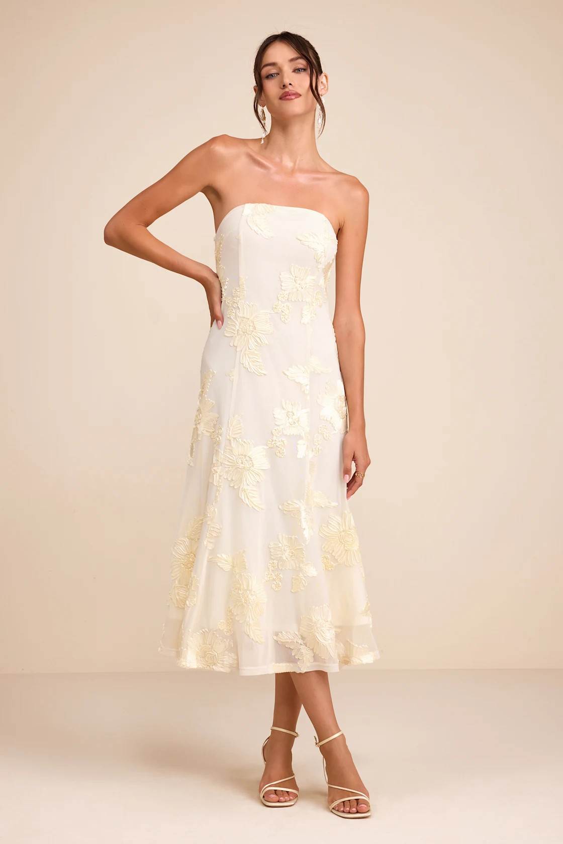 Taden Ivory Mesh Floral Applique Midi Dress | Lulus