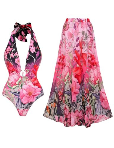 FLAXMAKER Women's Lace-up Neck Deep V Neck Strapless Printed One-Piece Swimsuit and Sarong/Skirt (US, Alpha, Medium, Regular, Regular, Red Swimsuit and Skirt) | Amazon (US)