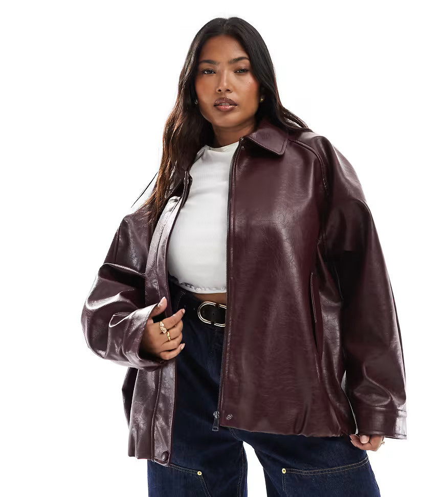 ASOS DESIGN Curve leather look oversized bomber jacket in burgundy-Red | ASOS (Global)