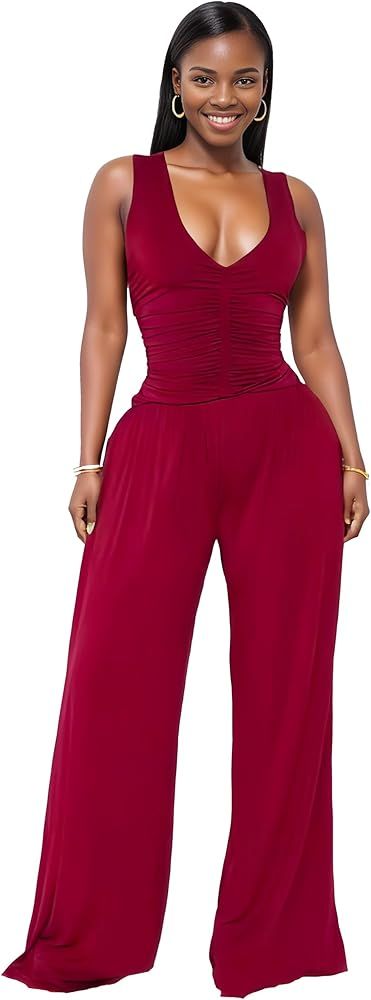 Jumpsuits for Women Dressy Casual Wide Leg Rompers Pants One Piece Suits Sleeveless High Waist Va... | Amazon (US)