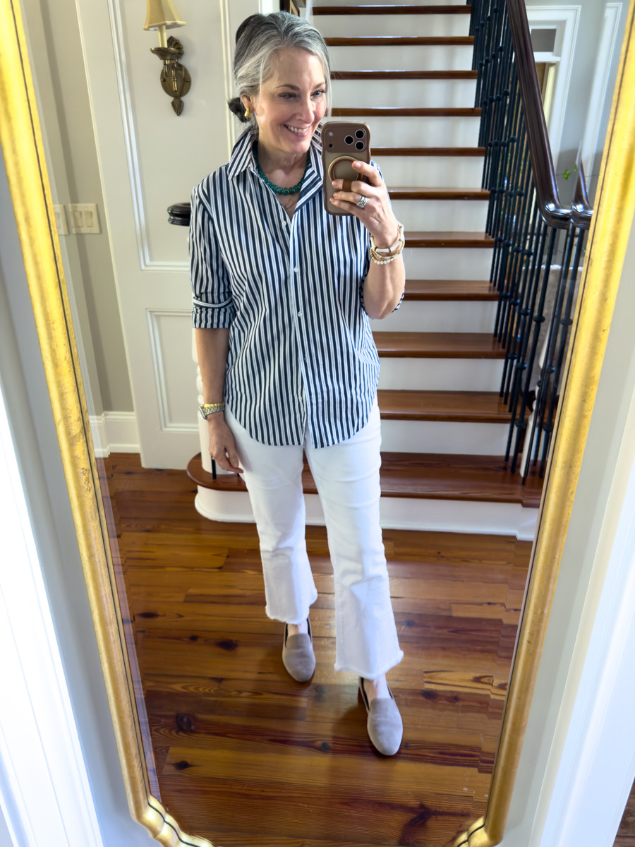 Summer movie night for a chill theater! Classic stripe Quince button down. White jeans and Birdies loafers.

#LTKOver40 #LTKgrwm #LTKootd