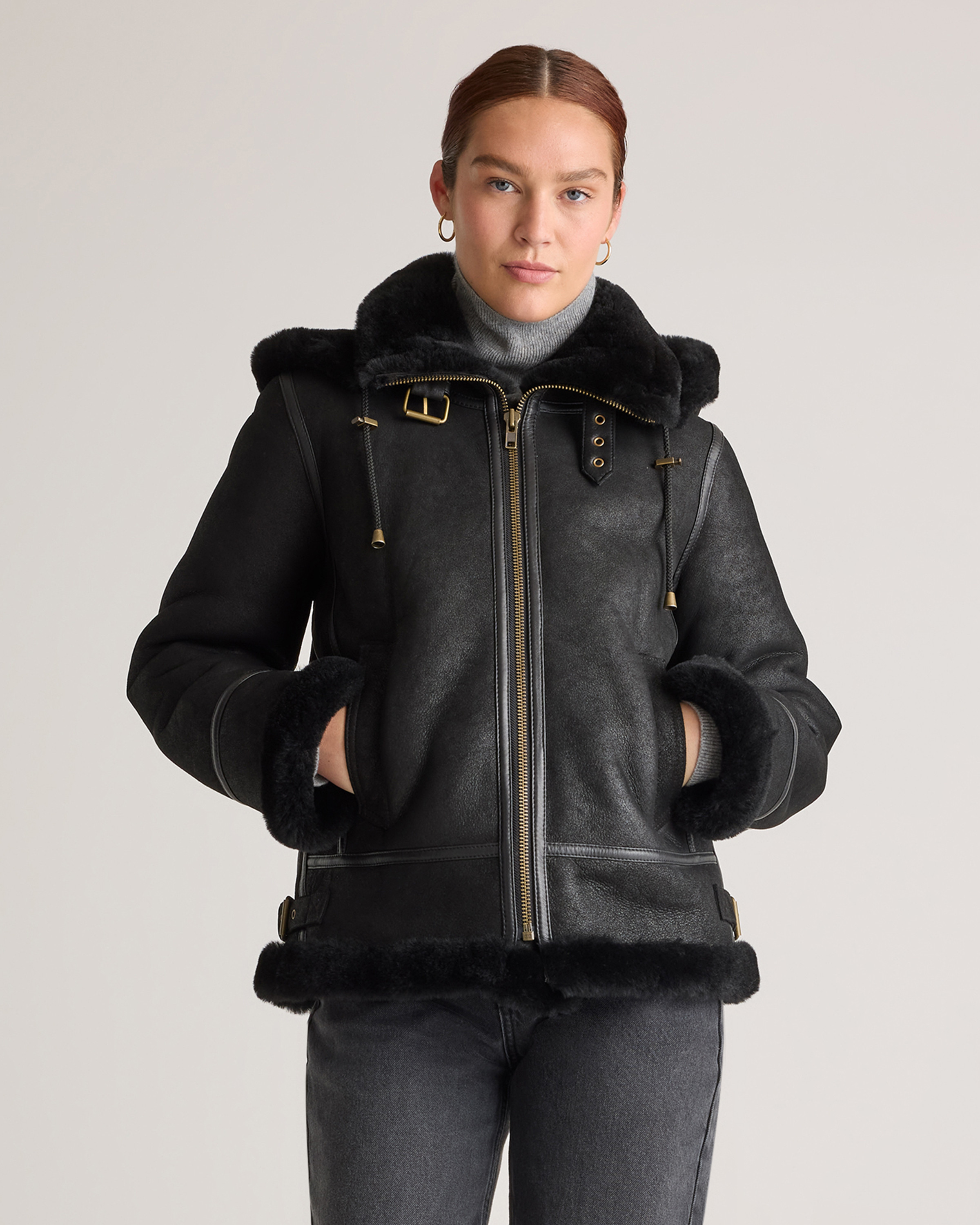 Quince | Women's 100% Shearling Cold Weather Bomber Jacket in Black, Size Small, Leather | Quince