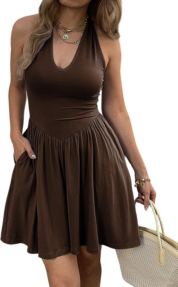 Women's Summer Sundress Sleeveless Halter Dress with Pockets Beach Vocation Deep V Neck Backless ... | Amazon (US)