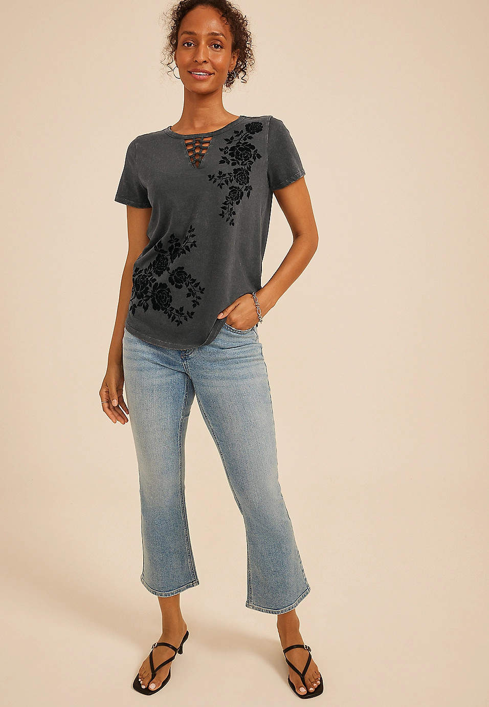 Black Floral Lattice Neck Classic Fit Graphic Tee | Maurices