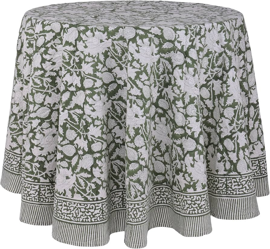 ATOSII Meraki Green 100% Cotton Round Spring Tablecloth, Handblock Print Floral Table Cloth for K... | Amazon (US)