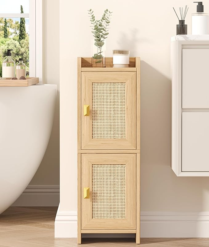 Amazon.com: Akxomel Rattan Small Bathroom Cabinet with 2 Doors, 7.9''D x 9.8''W Narrow Toilet Pap... | Amazon (US)