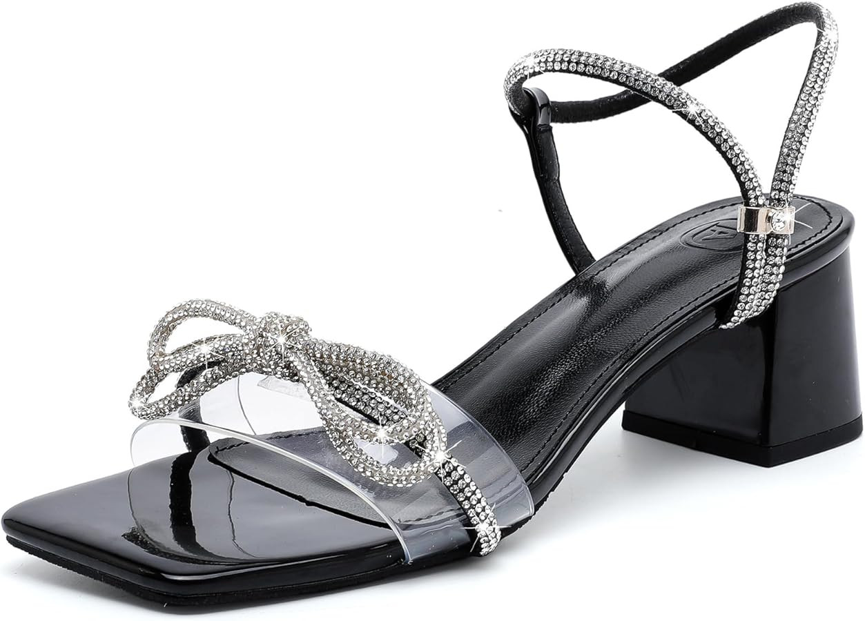 DADAWEN Women's Double Bowknots Crystal Sandals Clear Slingback Heels Square Toe Low Block Chunky... | Amazon (US)