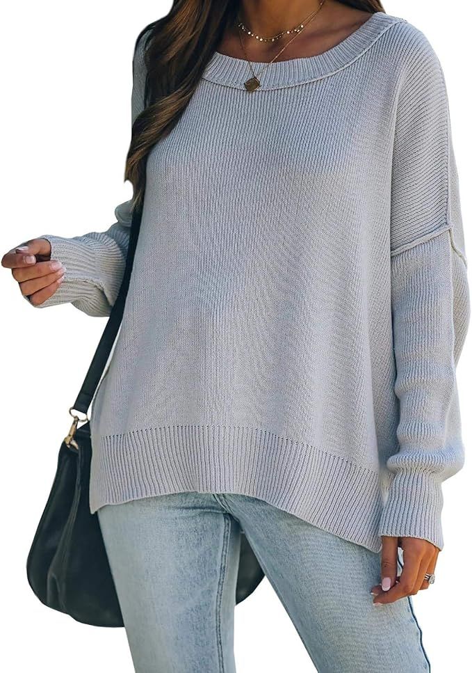 Wenrine Women Oversized Sweaters Boat Neck Long Sleeve Side Slit Casual Knit Pullover Sweater Top... | Amazon (US)