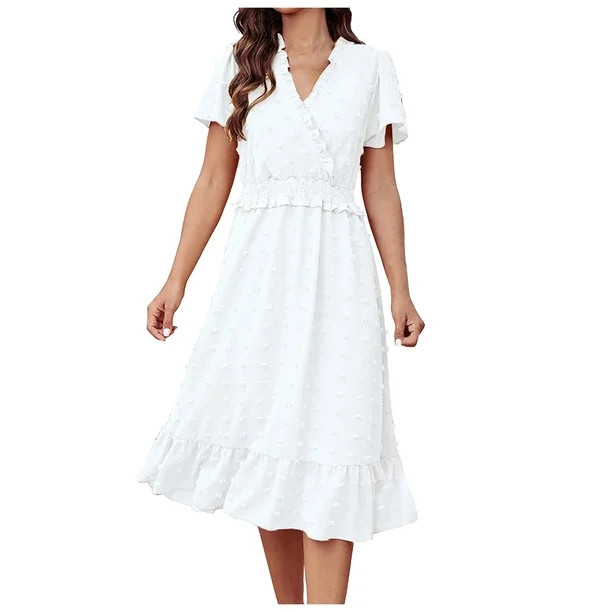 BEEYASO Clearance Summer Dresses for Women Short Sleeve Knee Length Casual Solid A-Line V-Neck Dr... | Walmart (US)