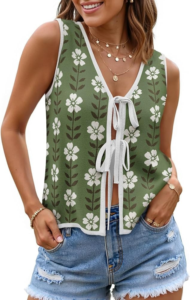 ZESICA Women's Tie Front Sweater Vest Summer Print Sleeveless Knit Y2k Tank Tops 2026 Trendy Clot... | Amazon (US)