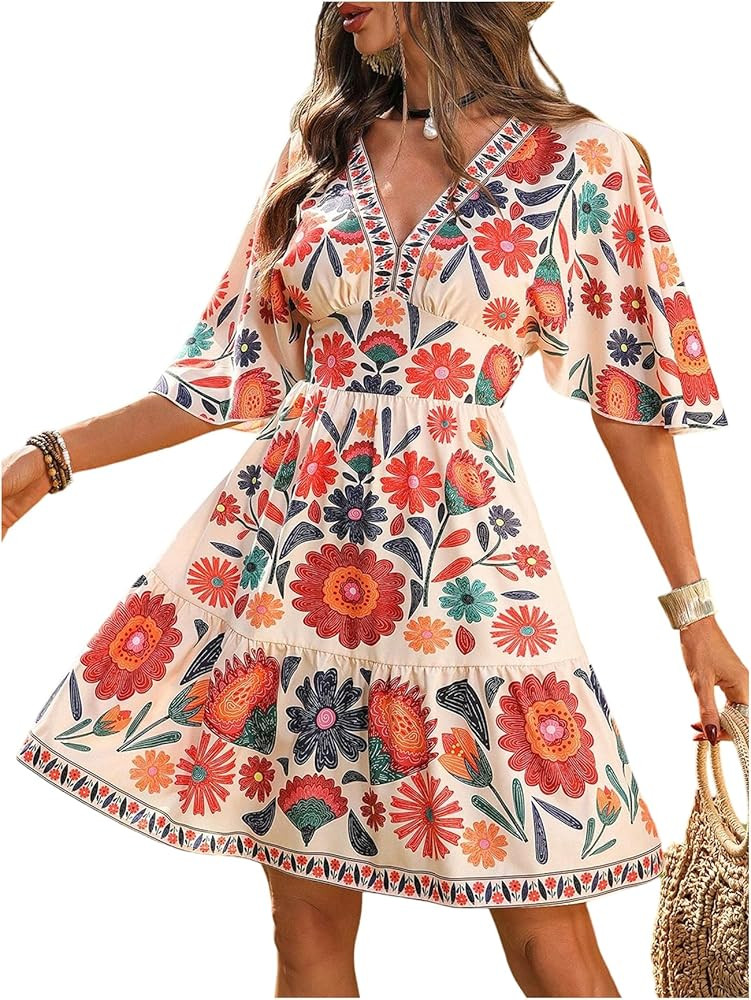 Floerns Women's Summer Floral A Line Dress Half Sleeve V Neck Concert Outfit Tiered Dresses | Amazon (US)