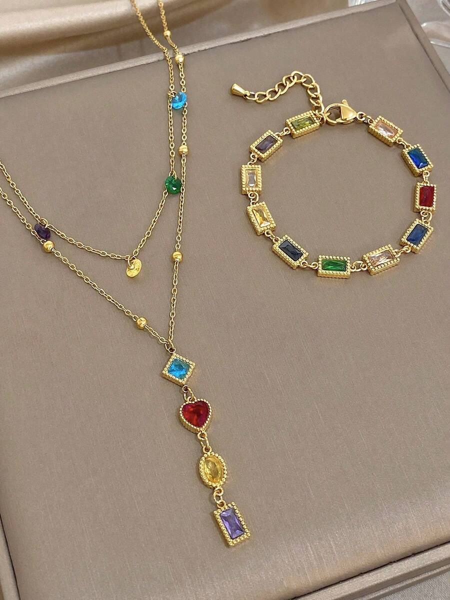 18K Gold Plated Luxury Vintage Heart Pendant Y-Necklace & Bracelet Set, Multi-Color Stainless Ste... | SHEIN