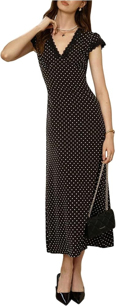 Milumia Women's Polka Dots Cap Sleeve Maxi Dress Elegant Lace Trim V Neck A Line Dresses | Amazon (US)