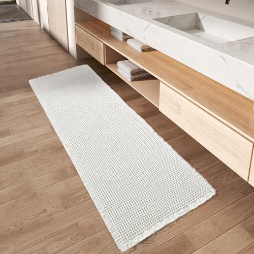 Upgraded Waffle Runner Rug Super Absorbent Non Slip Bath Mats for Bathroom Floor, Machine Washable Bathroom Runner Rug with Tassels, Ideal for Hallway Bedroom Laundry Room, White, 2'x 4'(24" x 48") | Amazon (US)