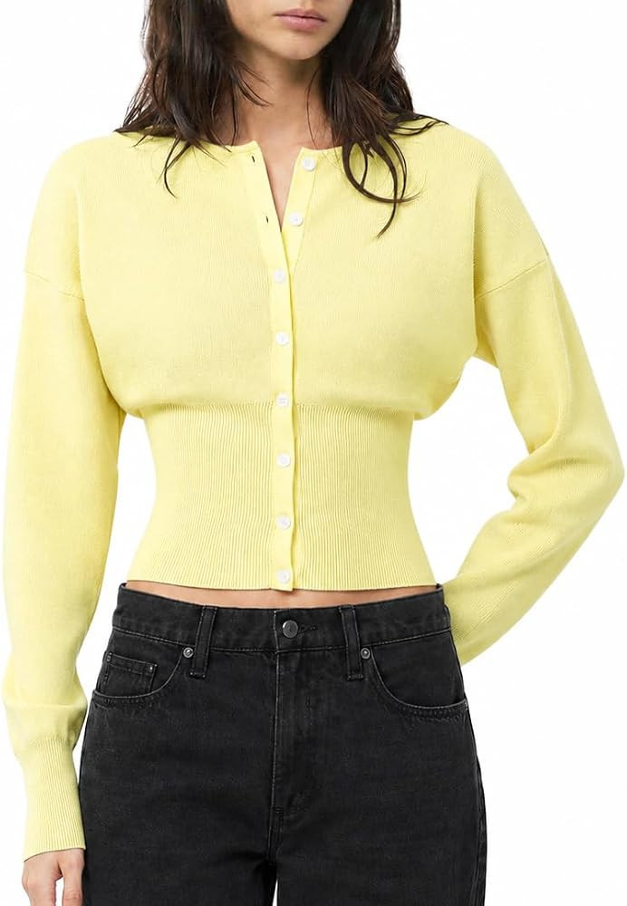 QINSEN Cardigan Sweaters for Women Button Up Crewneck Cinched Waist Top | Amazon (US)