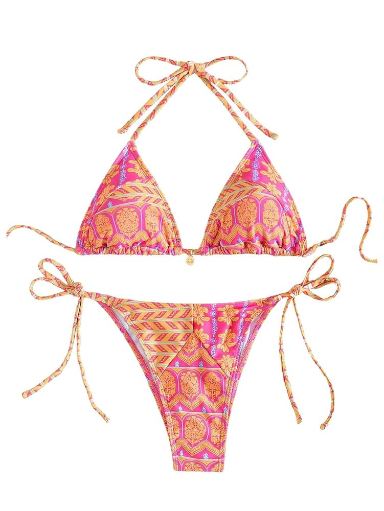 QJQ Women's 2 Piece Bikini Sets Floral Boho Halter Triangle Bathing Suit Tie Side Sexy Cheeky Str... | Amazon (US)