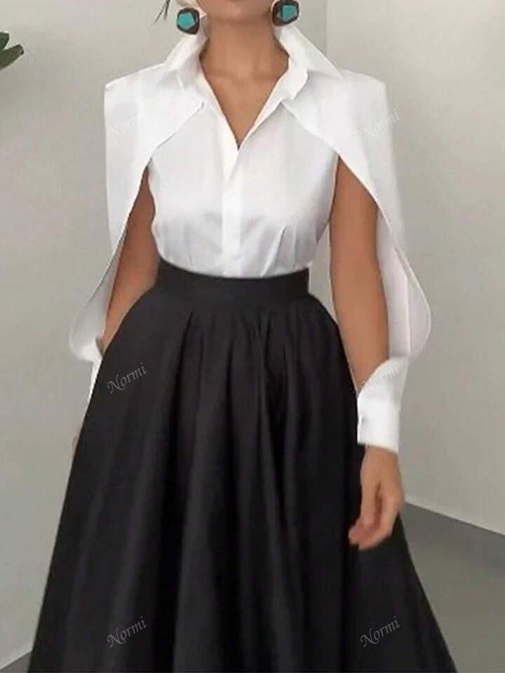 Women's Solid Color Split Hem Single-Breasted Long Sleeve Casual Shirt | SHEIN