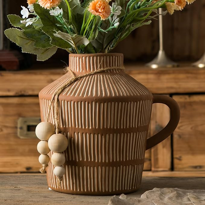 Rustic Farmhouse Vase with Handle and Boho Wooden Beads - Terracotta Vase with Vertical Stripes f... | Amazon (US)