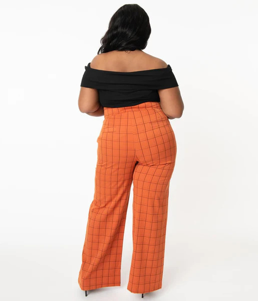 Unique Vintage Plus Size 1940s Orange Windowpane High Waist Ginger Pants | UniqueVintage