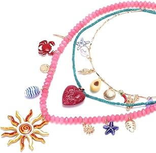 Bohemian Layered Necklace - Pink and Turquoise Beads with Sun and Heart Pendant Necklace - Summer... | Amazon (US)