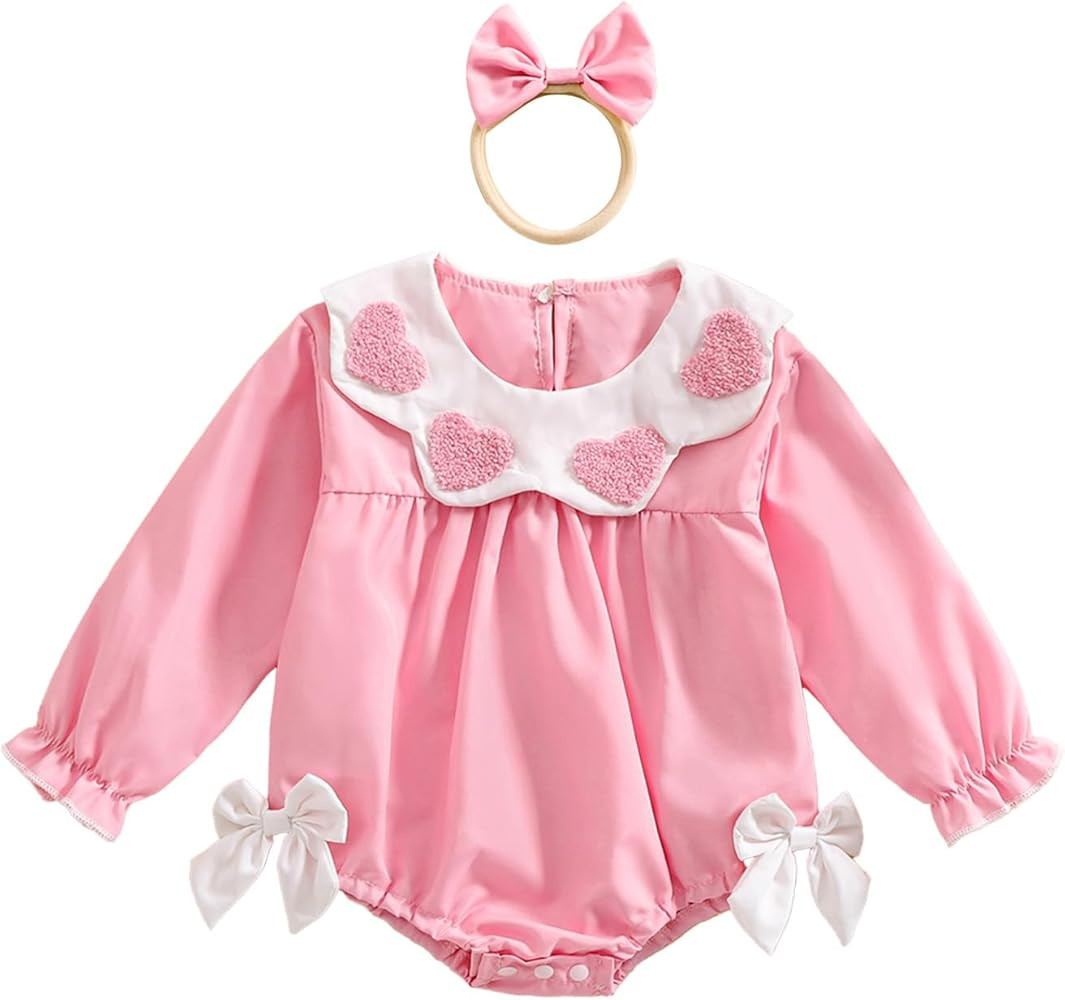 Baby Girl Valentine's Day Romper Heart Plaid Print Long Sleeve Crew Neck Bubble Jumpsuit with Big... | Amazon (US)