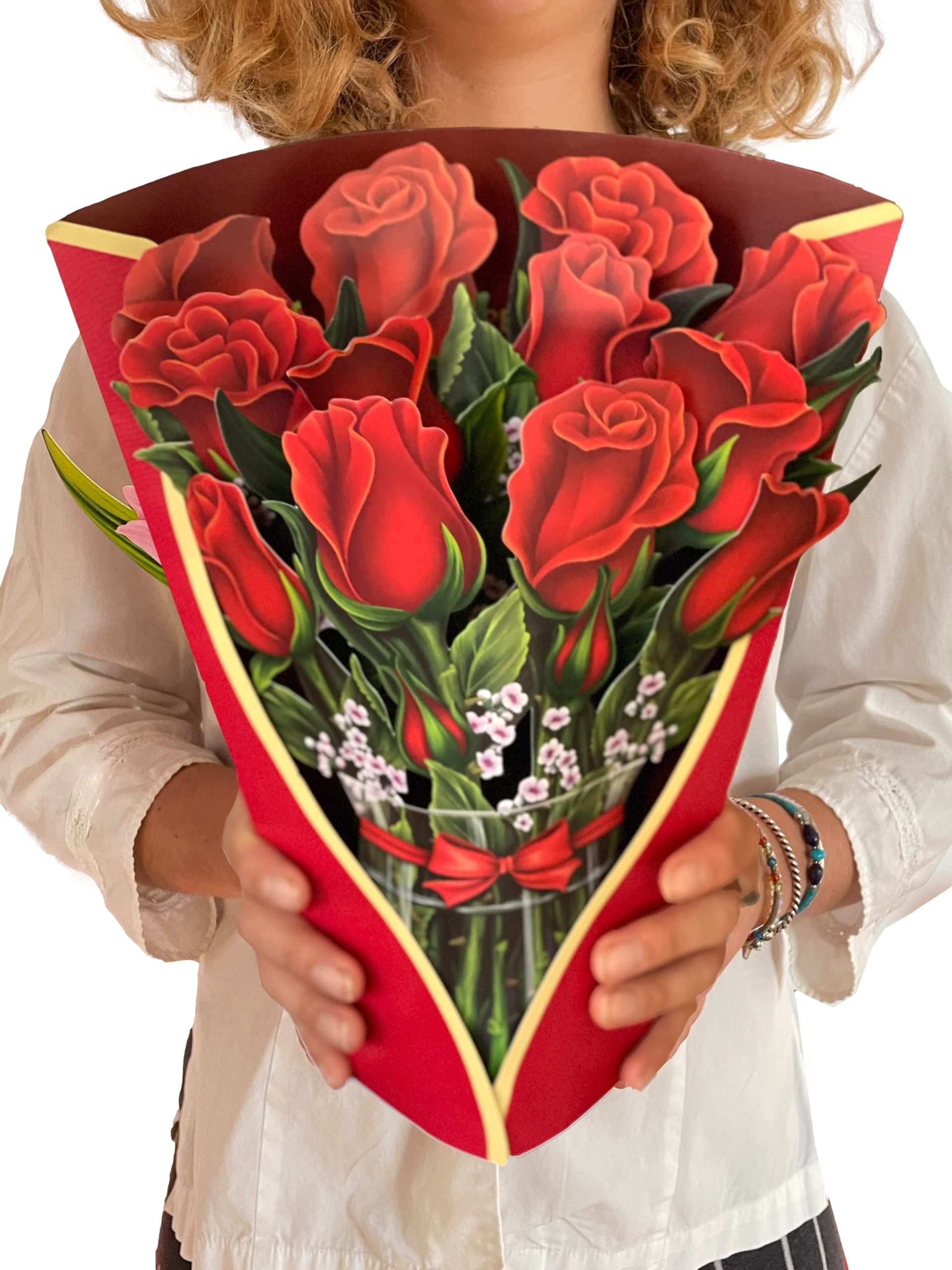 FreshCut Paper Pop Up Cards, Red Roses, 12 inch Life Sized Forever Flower Bouquet 3D Popup Valentine | Amazon (US)