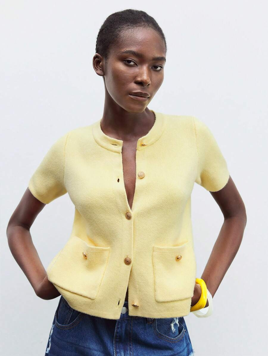 Maija 2025 Autumn Cream Yellow Knit Elegant Cardigan For Women, Luxurious Casual Romantic Urban R... | SHEIN