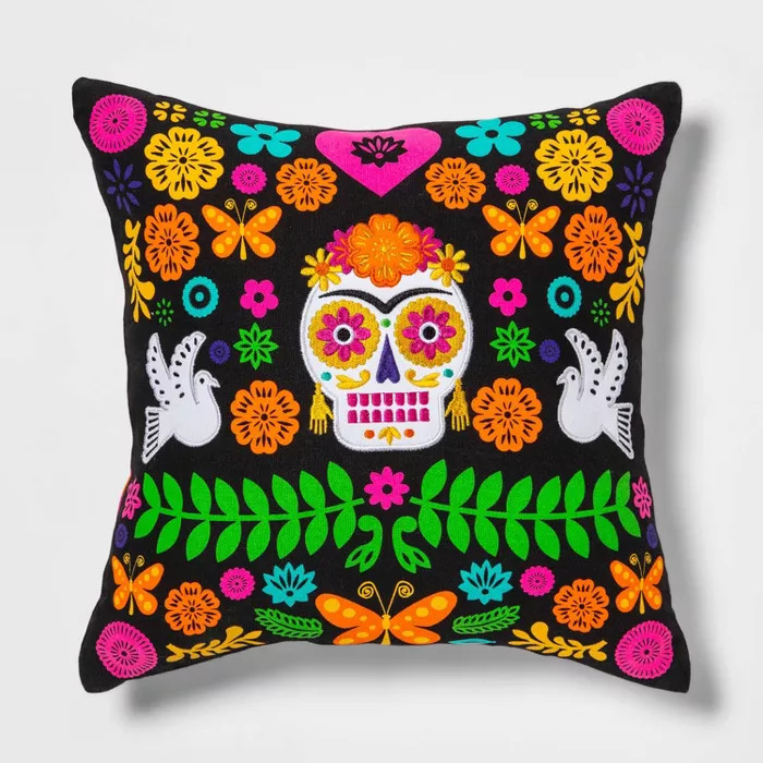 Día de Muertos 16"x16" Flowers/Sugar Skull/2 Doves Throw Pillow - Designed with Luis Fitch | Target