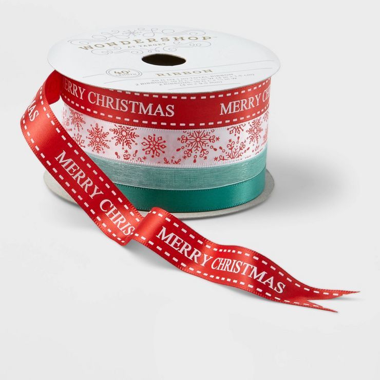 4ct End Fabric Ribbon Merry Christmas/Snowflake/Mint/Green 40ft - Wondershop™ | Target