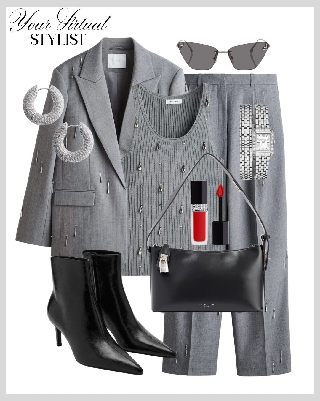 Soft grey tailoring meets crystal-like sparkle, the definition of modern luxury. This look turns a simple suit into a statement, blending confidence, cool tones, and a touch of brilliance✨🩶

#LTKpartywear #LTKuk #LTKbag