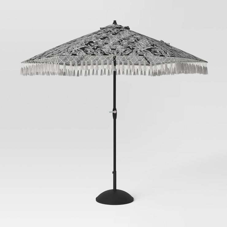 7.2' x 7.2' Patio Market Umbrella with Tassel Chalkboard Floral - Black Pole - Opalhouse™ | Target