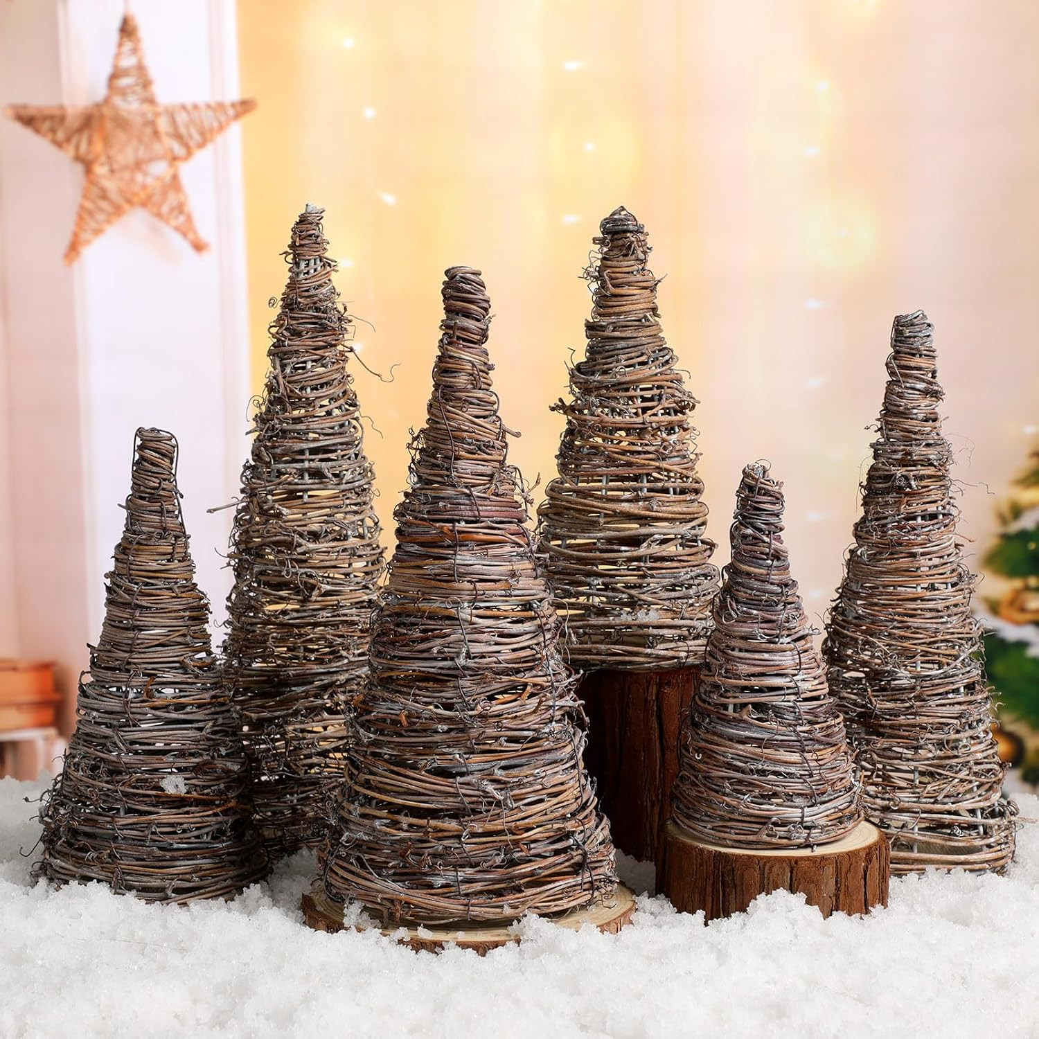 Kigley 6 Pcs Rattan Vine Christmas Cone Tree 3 Various Sizes Xmas Tabletop Cone Trees Table Decorations Christmas Village Trees Thanksgiving Valentine Home Decor Farmhouse Home Decor | Amazon (US)
