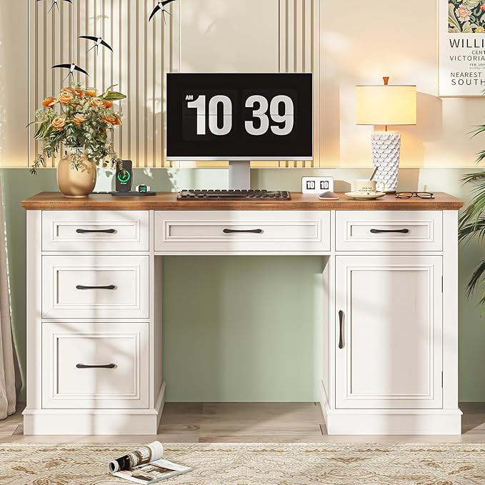 Farmhouse 59'' Executive Desk with Charging Station,Office Desks Computer Desk with 5 Drawers, Wo... | Amazon (US)