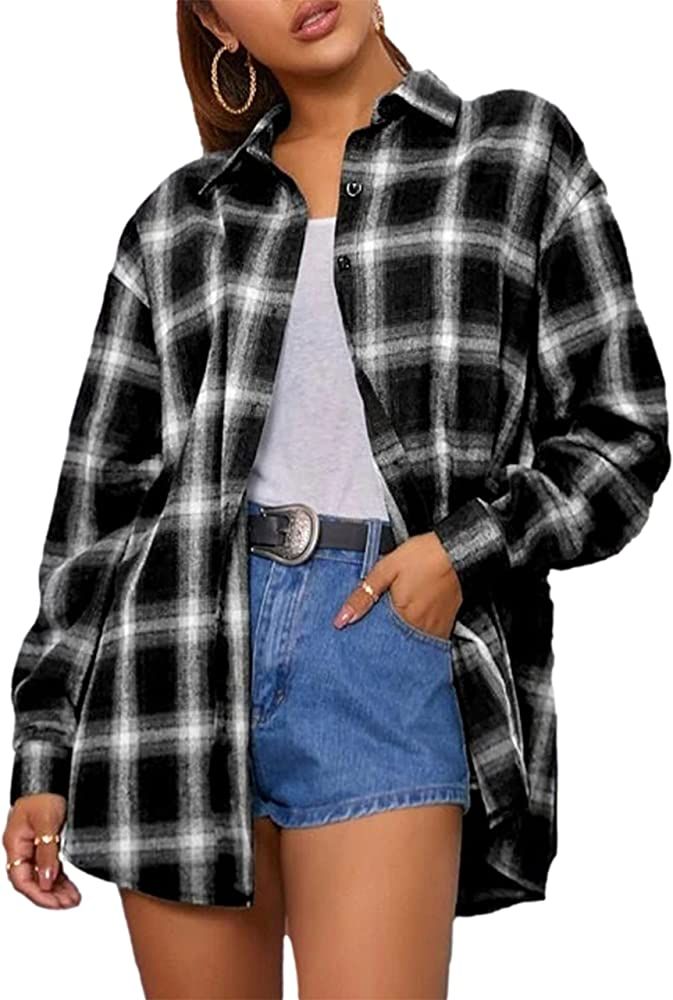 Bozanly Flannel Buffalo Plaid Shirts for Women Oversized Button Down Shacket Blouse Tops | Amazon (US)