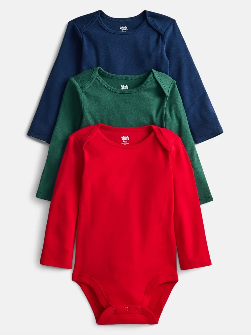 Wonder Nation Baby Boys' Solid Bodysuit with Long Sleeves, 3-Piece, Sizes 0M-24M | Walmart (US)