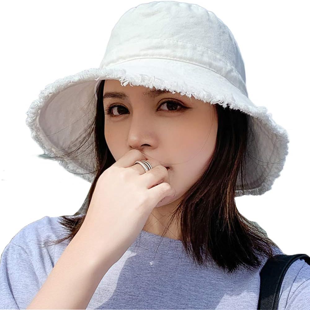Women Sun Bucket Hat Cotton Hats Teens Girls Wide Brim Floppy Summer Beach Caps UPF 50+ | Amazon (US)