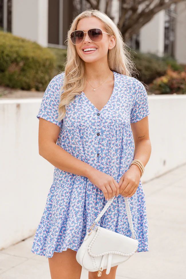 Modern Muse Blue Floral Print Button Up Dress | Pink Lily