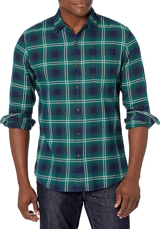 Amazon.com: Amazon Essentials Men's Slim-Fit Long-Sleeve Flannel Shirt, Navy/Green, Ombre, Large ... | Amazon (US)