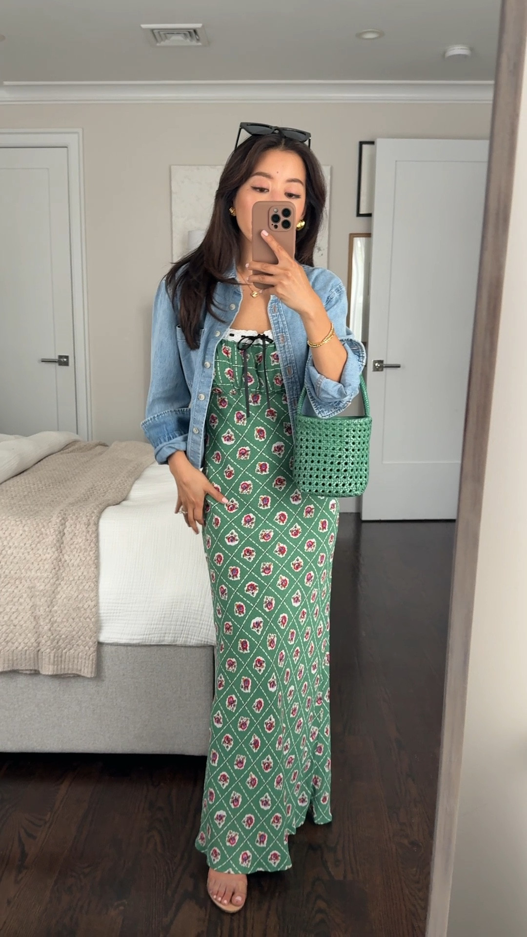 • cropped denim shirt aritzia xxs. Since it’s back ordered i linked two ready to ship similar styles from gap and madewell! One of my petite friendly must haves

• WAYF green dress with a vintage inspired print. Slip style cut. Same print also comes in several other pieces

In the size XS which is a little loose on me but the bust can be adjusted with the black ribbon tie.

Dress is shown on me with no alterations and no bra on, but I might shorten the straps a little or hem the bottom length. The length as is requires heels on me.

• mango sandal mules , linked exact and similar with lower heel

• Madewell mini cane woven green bag

Summer in Europe, baby or bridal shower dress, wedding guest dress, summer maxi dress

#LTKWedding #LTKParties #LTKPetite