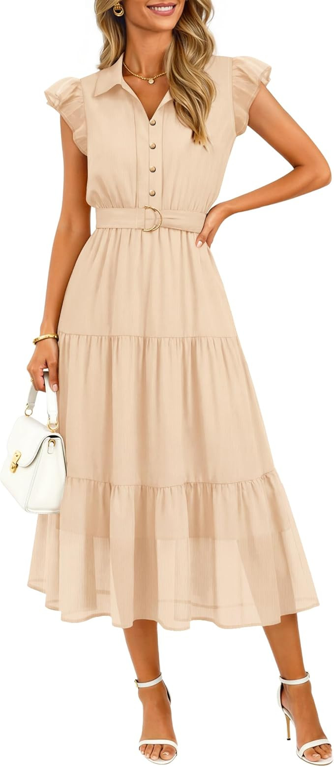 ZESICA Women's Summer Floral Midi Dress 2026 Casual Flutter Short Sleeve Chiffon Button Down Wedd... | Amazon (US)