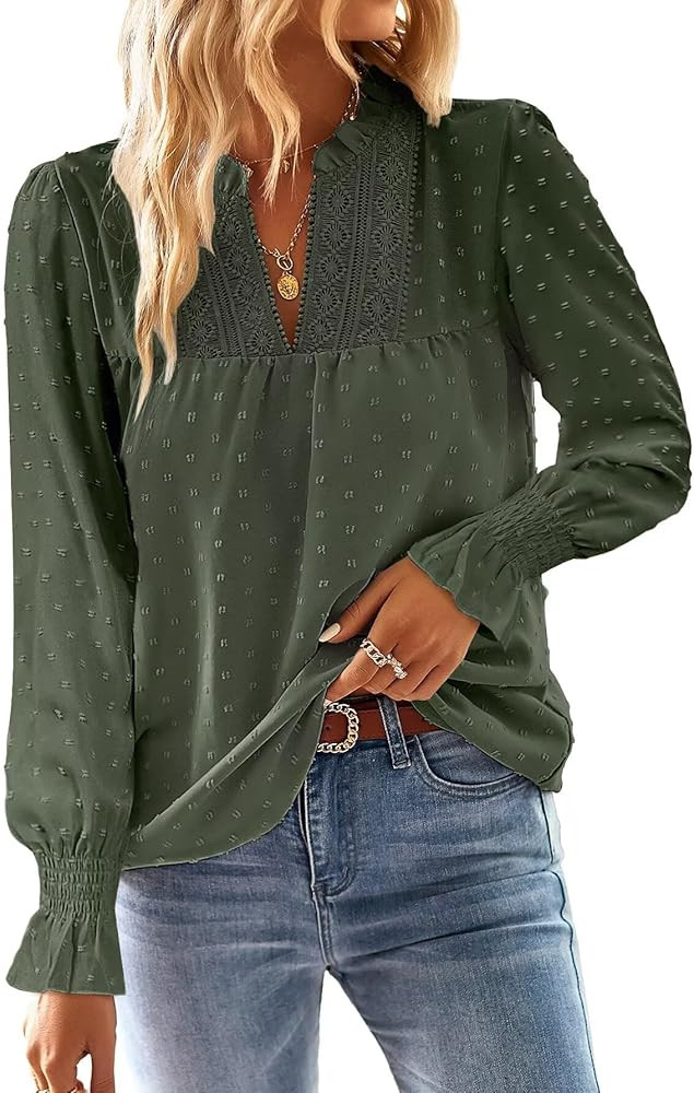 Womens Tops Butterfly Sleeve V Neck Blouses for Women Flowy Swiss Dot Ruffle Dressy Casual Long S... | Amazon (US)