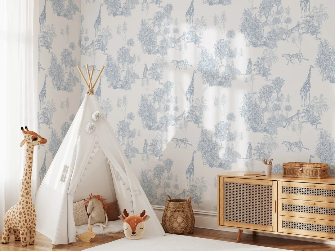 The Minimal Jungle in Blue Wallpaper KM298 Tropical Palms Animal Giraffe and Cheetah Peel and Sti... | Etsy (US)