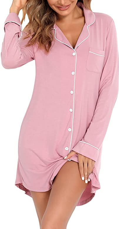 Senert Nightgown for Women Sleep Shirt Short Long Sleeve Sleepwear Boyfriend Nightshirt Button Do... | Amazon (US)