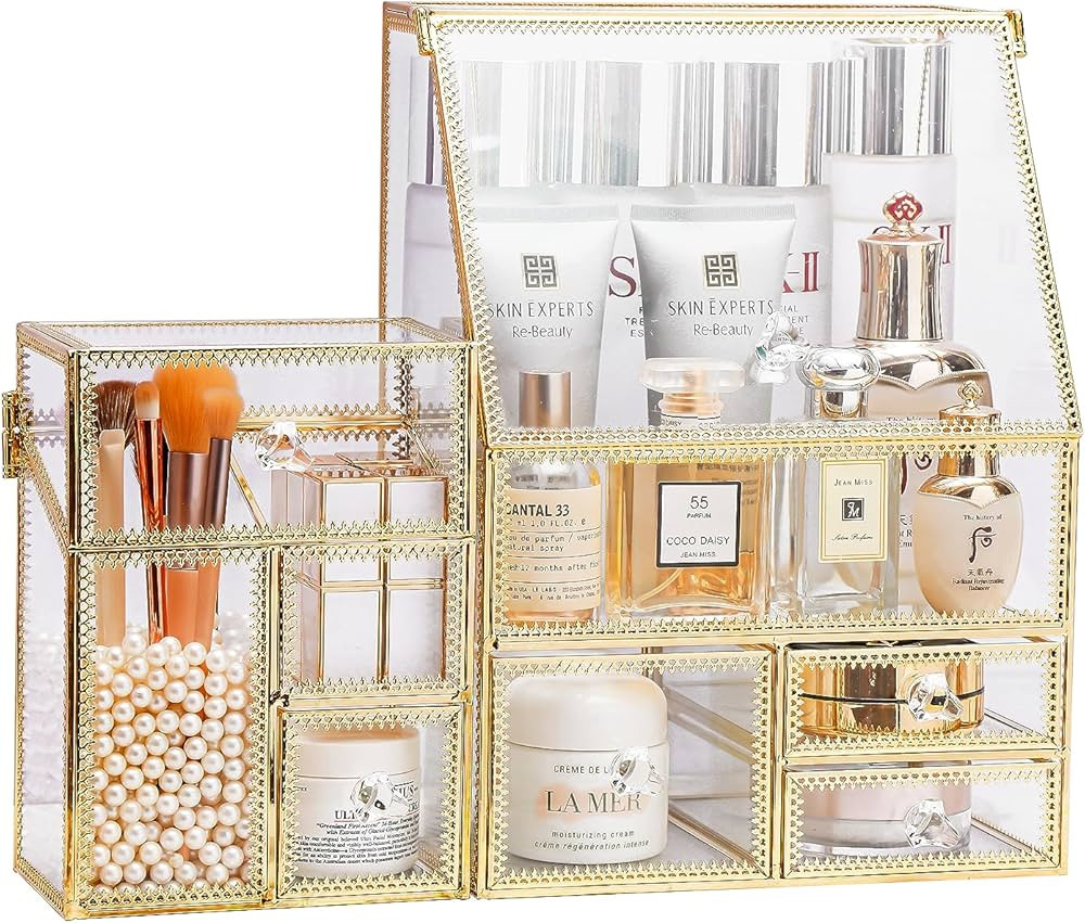 MOOCHI Golden 3 Pieces Makeup Organizers for Vantity, Luxury Tempered glass, Skin Care Organizer,... | Amazon (US)