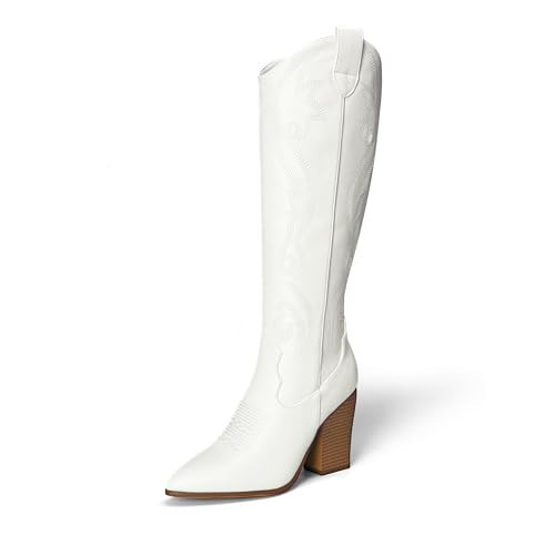 DREAM PAIRS Cowboy Boots For Women, Comfortable Pull On Zipper Chunky Heel Pointed Toe Embroidered Western Cowgirl Knee High Boots,Size 6.5,White,SDKB2302W | Amazon (US)