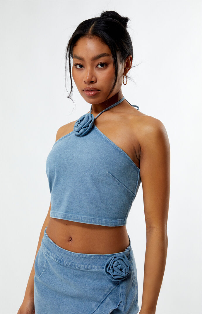 Women's Denim Rose Halter Top in Medium Indigo - Size Small | PacSun
