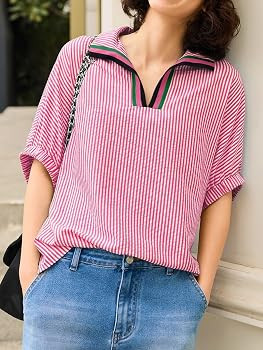 Tankaneo Womens V Neck Striped Blouse Oversized Dolman Sleeve Tops Summer Casual Loose Fit Polo S... | Amazon (US)