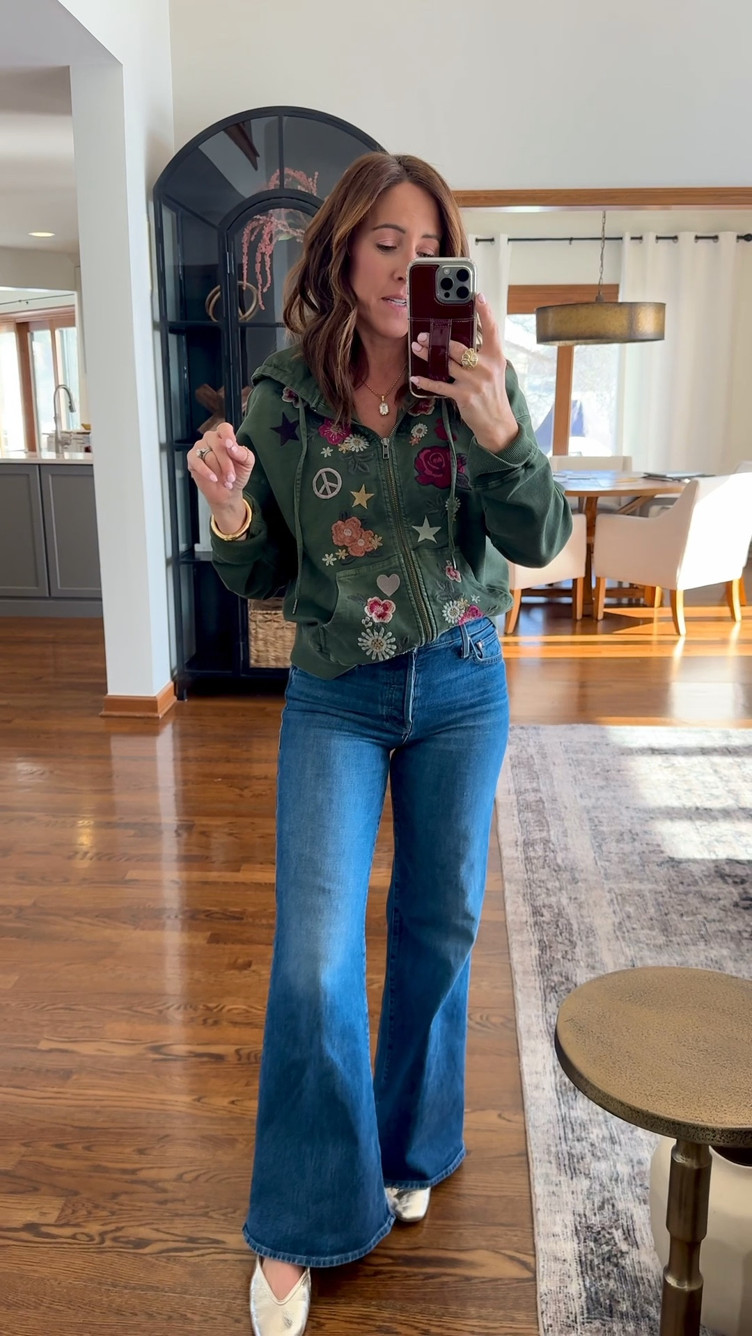 Fun patchwork detailing. 
Small here. 
Jeans tts regular 
Flats tts 

#LTKSeasonal #LTKOver40 #LTKdayinmylife