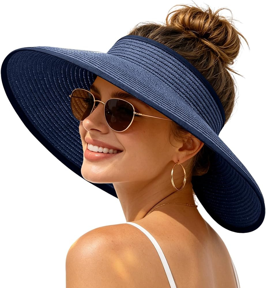 Sun Hats Visor for Women, UV UPF Straw Beach Hat Foldable Wide Brim Ponytail Summer Hats Packable... | Amazon (US)